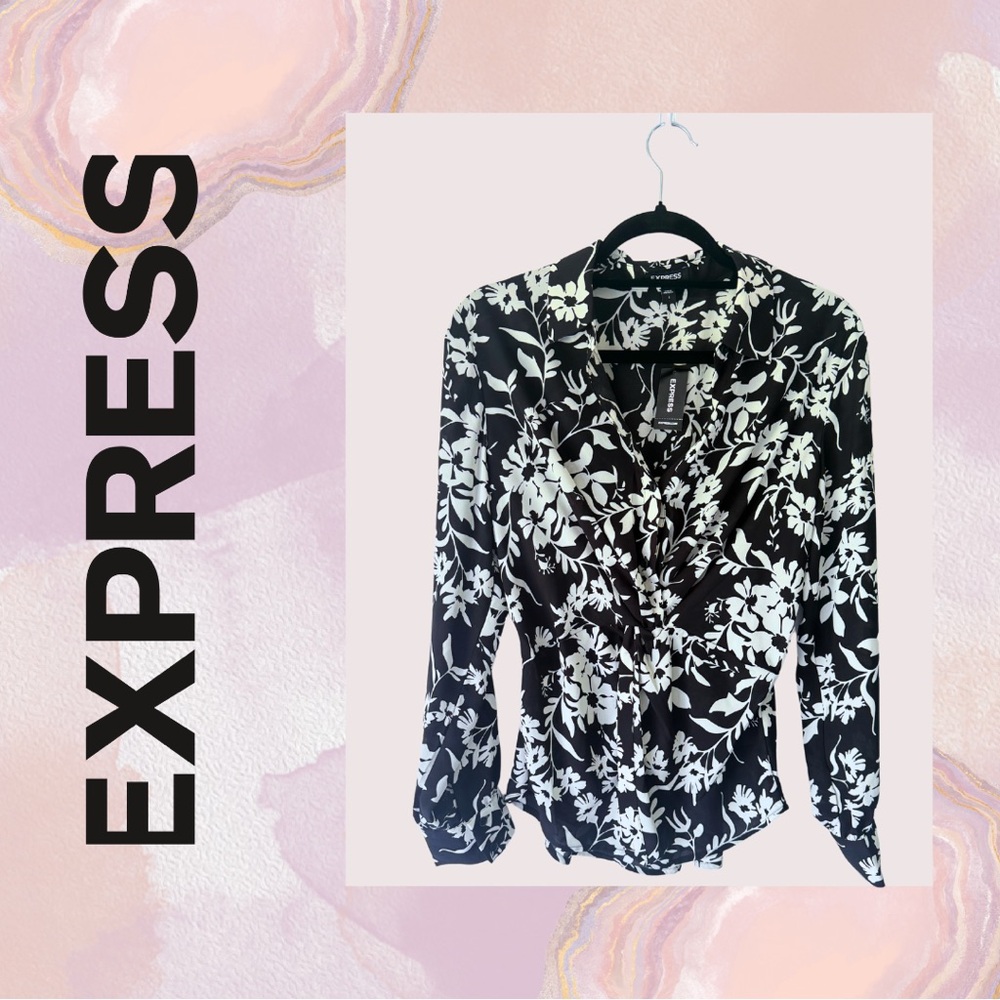 🤍🖤Express Worklife Black and White Floral Women's Top NWT🤍🖤